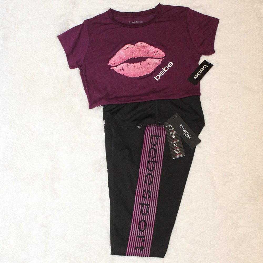 Bebe Sport Side Stripe Capri Leggings & T-Shirt  2 Piece Outfit